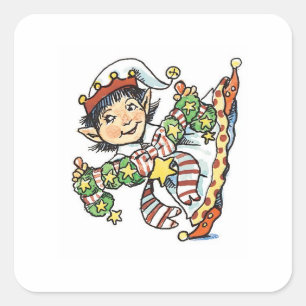 Sticker Carré Joli Elfe Heureux Danse, Dessin Animé de Noël Rétr