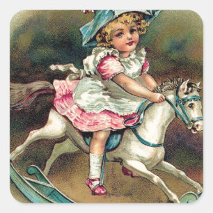 Sticker Carré Joli enfant vintage sur rockinghorse shabbychic