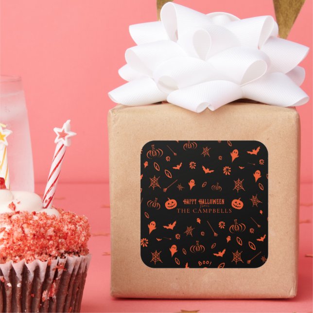 Sticker Carré Joli Fantôme Éffrayant Orange Noir Halloween (Fête)