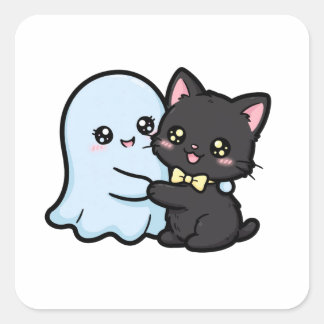 Sticker Carré Joli fantôme et chat noir Halloween Kawaii