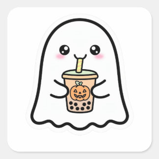 Sticker Carré Joli Fantôme Halloween Citrouille Boba