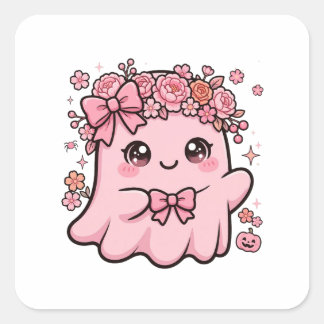 Sticker Carré Joli Fantôme Rose Floral Halloween