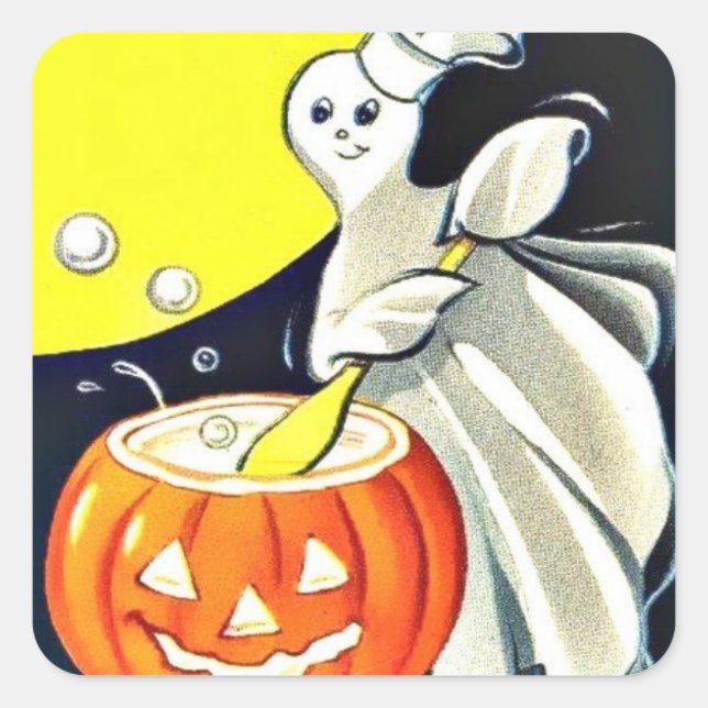 Sticker Carré Joli Fantôme Vintage Halloween avec Citrouille (Devant)