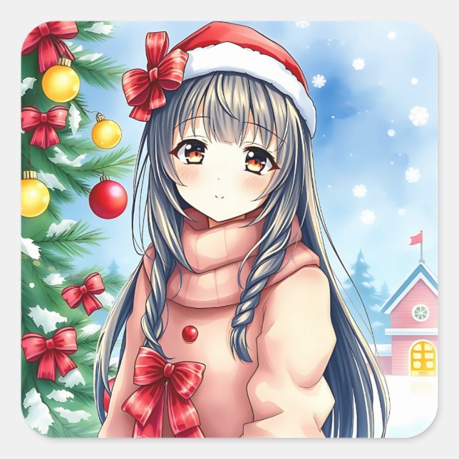 Sticker Carré Joli Festive Anime Fille Noël (Devant)