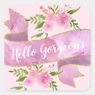 Sticker Carré Joli Fleur Rose Pâle Bonjour Magnifique Or