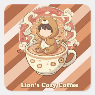 Sticker Carré Joli garçon lion buvant du café