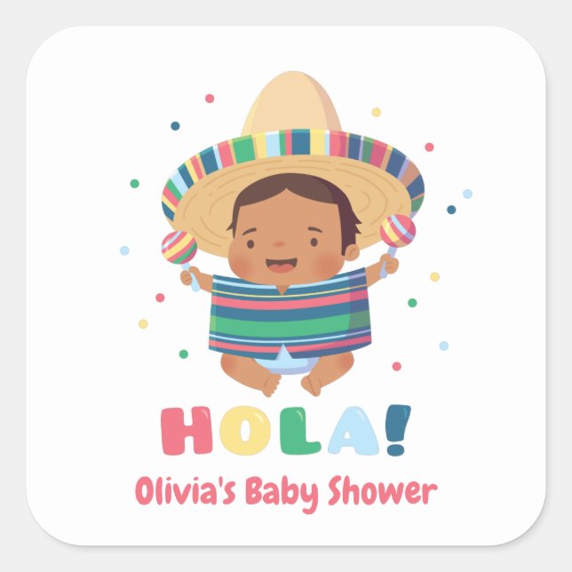 Sticker Carré Joli Garçon Mexicain Hola Fête Bébé Shower (Devant)