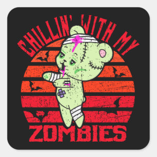 Sticker Carré Joli Halloween Chillin' avec mes zombies Teddy Bea