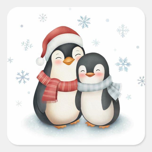 Sticker Carré Joli hiver Theme Penguin Famille Noël (Devant)