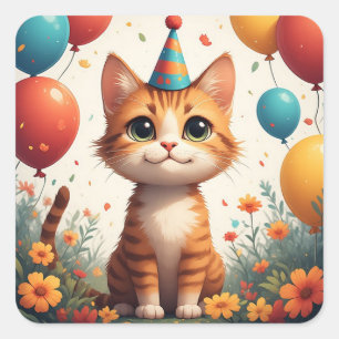 Sticker Carré Joli Kitten De Fête Avec Fleurs Et Ballons 🎂