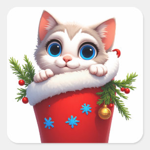 Sticker Carré 🎁 Joli Kitten de Noël Scène de Chaussette de Fête