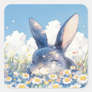 Sticker Carré Joli Lapin Bleu Endormi dans la Fleur de Marguerit