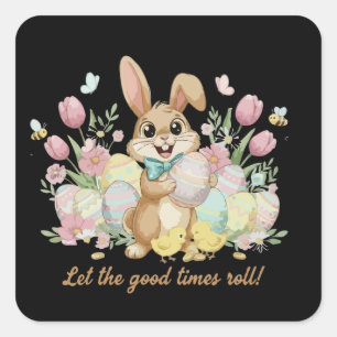 Sticker Carré Joli lapin de Pâques avec des œufs colorés et le p