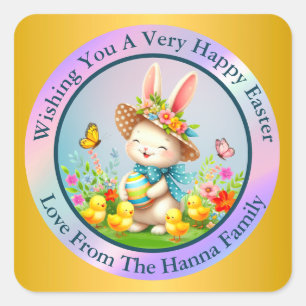 Sticker Carré Joli lapin de Pâques et joyeuses fleurs de printem