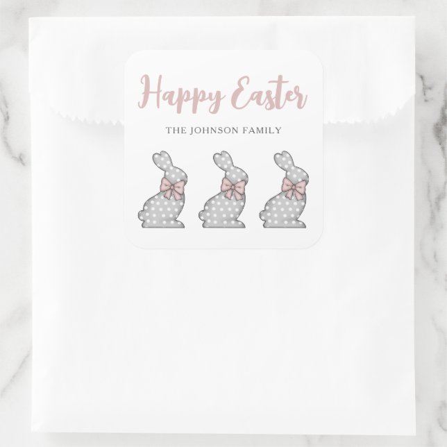 Sticker Carré Joli Lapin Rose Joyeuses Pâques (Sac)