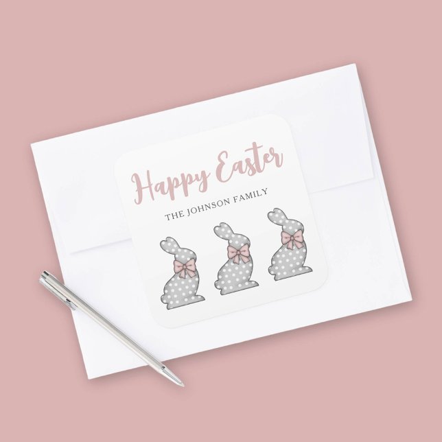 Sticker Carré Joli Lapin Rose Joyeuses Pâques  (Cute Pink Bunny Happy Easter Square Sticker)