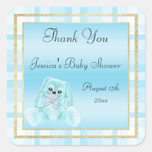 Sticker Carré Joli Lapin Sarcelle Remerciements Baby Shower