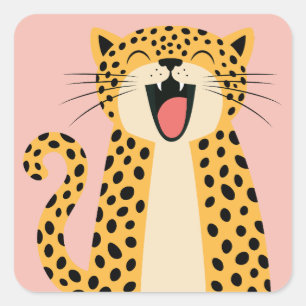 Sticker Carré Joli Léopard Sauvage de Dessin Animé Souriant et H