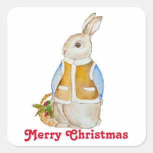 Sticker Carré Joli lièvre de Noël avec panier avec son d'épinett