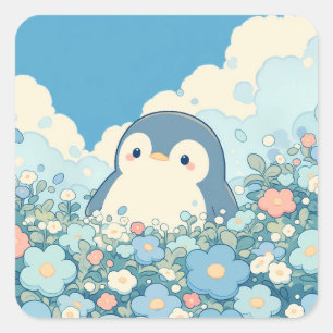 Sticker Carré Joli manchot dans la prairie à la fleur bleue