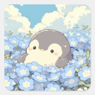 Sticker Carré Joli manchot dans la prairie de fleurs bleues