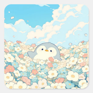 Sticker Carré Joli manchot dans une prairie colorée de fleurs sa