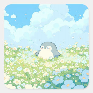 Sticker Carré Joli manchot dans une prairie printanière bleue