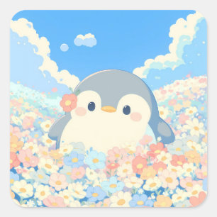 Sticker Carré Joli manchot dans une prairie printanière colorée
