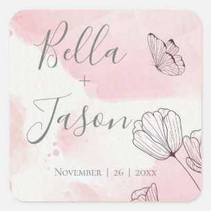 Sticker Carré Joli Mariage de papillon d'aquarelle rose