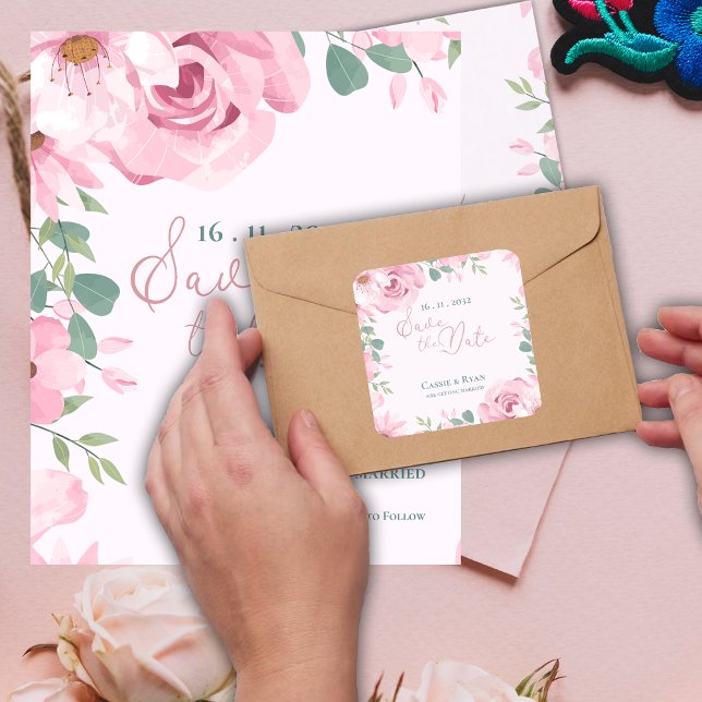 Sticker Carré Joli mariage rose rose floral Enregistrer la date (Pretty Blush Pink Floral Wedding Save the date Square Sticker)