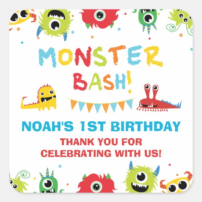 Sticker Carré Joli Monstres garçon 1er anniversaire Merci Favori (Devant)
