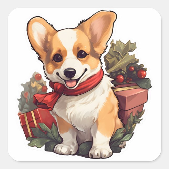 Sticker Carré Joli Noël Corgi (Devant)