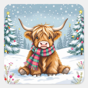 Sticker Carré Joli Noël de vache Whimsical Highland