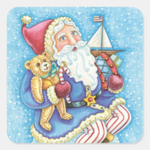 Sticker Carré Joli Noël, Père Noël sur un boule de neige avec de