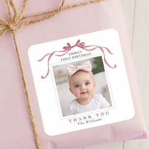 Sticker Carré Joli Nœud Rose Pâle Profond Anniversaire Merci 