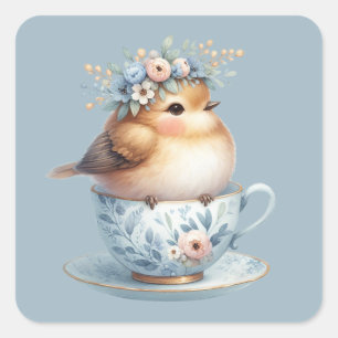 Sticker Carré Joli Oiseau Bleu avec Couronne Florale dans une Ta