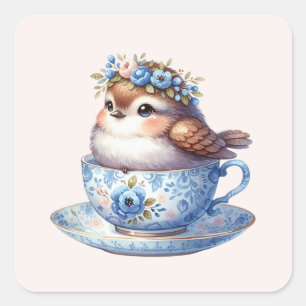 Sticker Carré Joli Oiseau dans une Tasse à Thé Florale Art Cotta