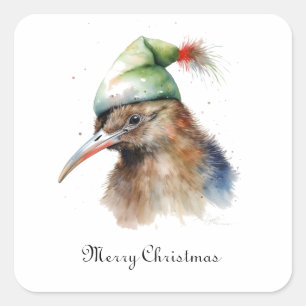 Sticker Carré Joli oiseau Kiwi avec un chapeau d'elfe de Noël, p