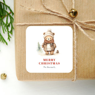 Sticker Carré Joli ours aquarelle Joyeux Noël vacances