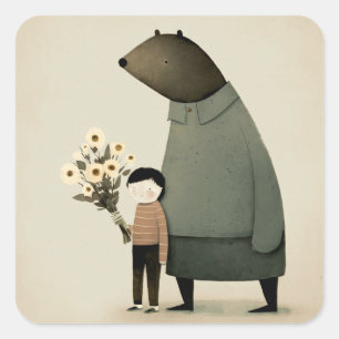 Sticker Carré Joli ours de fée de dessin animé et garçon. Annive