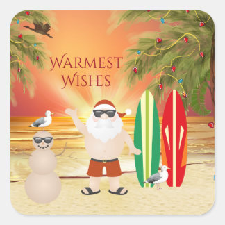 Sticker Carré Joli Père Noël et Surfboards Plage Surf Noël