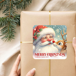 Sticker Carré Joli Père Noël Rudolph Personnalisé Vacances Enfan