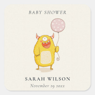 Sticker Carré Joli petit Baby shower Monstre Rose Jaune