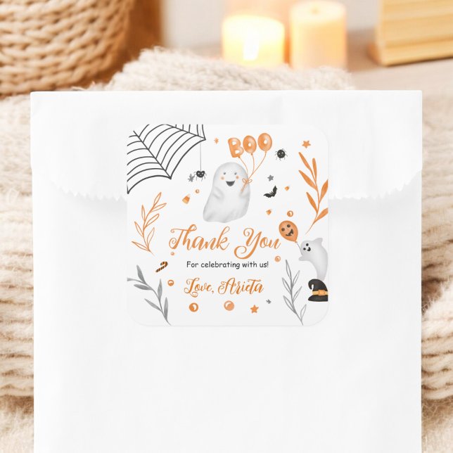Sticker Carré Joli petit Boo Halloween Merci baby shower (Cute little Boo Halloween Thank you baby shower Square Sticker)