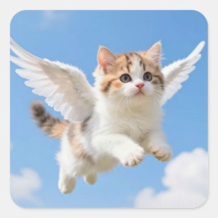 Sticker Carré Joli Petit Chat Volant Calico Tabby Ciel Bleu