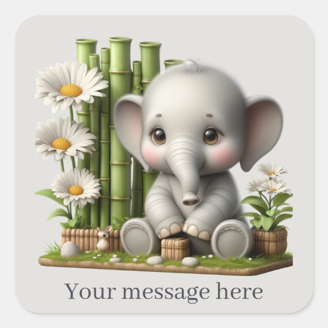 Sticker Carré Joli petit éléphant fille ajouter un message (Devant)