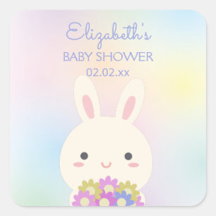 Sticker Carré Joli Petit Lapin & Fleurs Baby Girl Douche Party