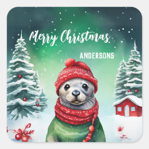 Sticker Carré Joli phoque Père Noël fête de neige de Noël