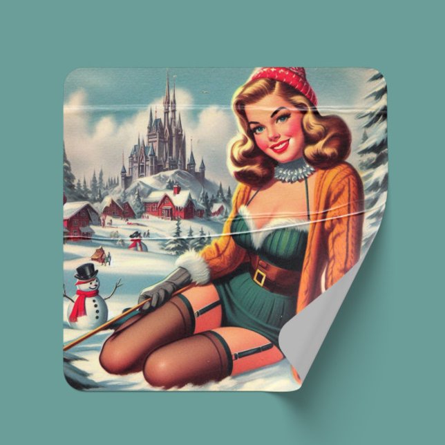 Sticker Carré Joli Pin-up Rétro d'Hiver (Créateur téléchargé)