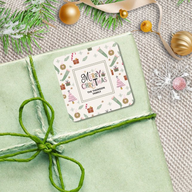 Sticker Carré Joli Pink Green Doddle Joyeux Noël (Créateur téléchargé)